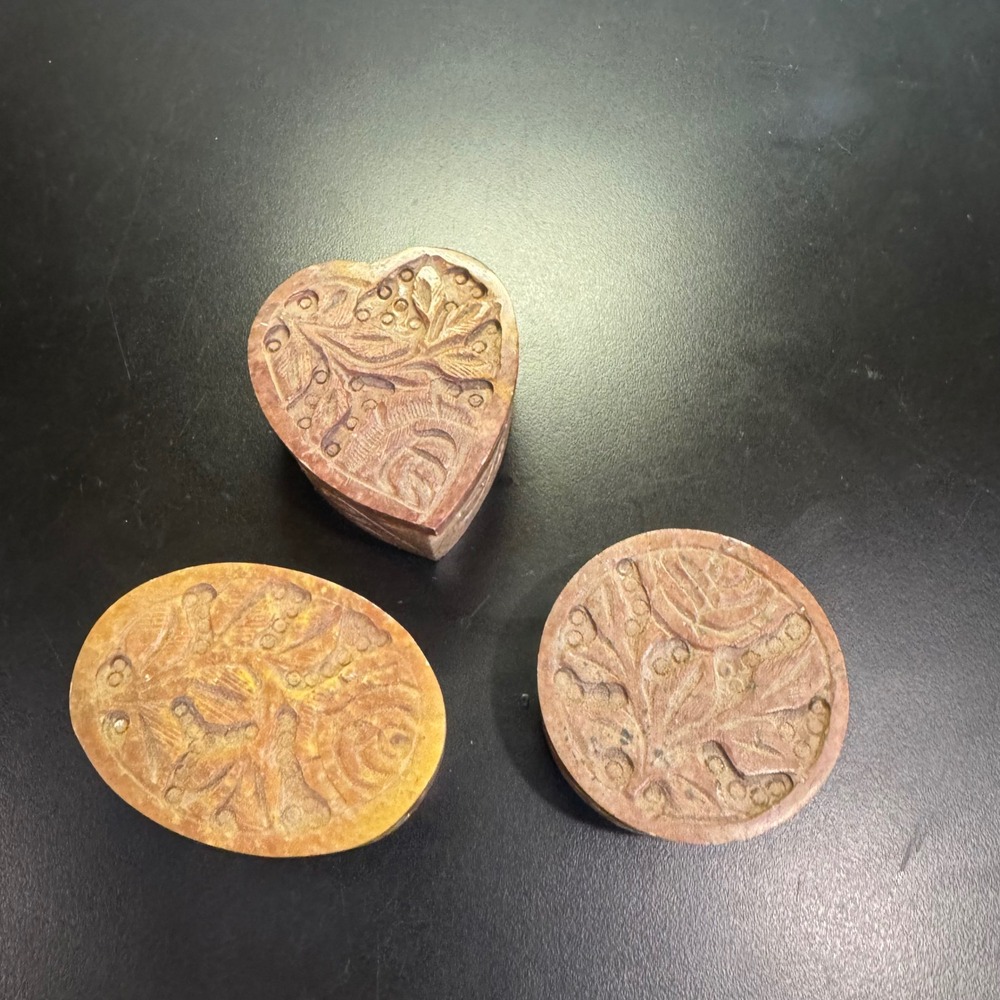 K's Collection Soapstone Trinket Boxes Set of 3 Brown Hand Carved Floral India